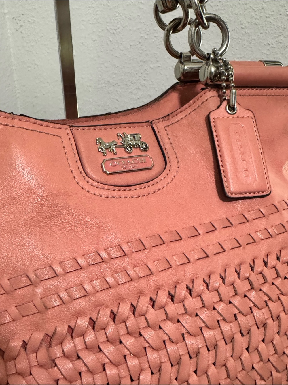 Coach Madison(Maggie) woven Leather Tote/Satchel - Coral Pink - Picture 3 of 16